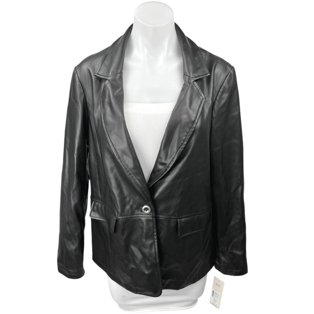 NEW Nanette Lepore Black Faux Vegan Leather Notch Collar Blazer Coat Jacket 10